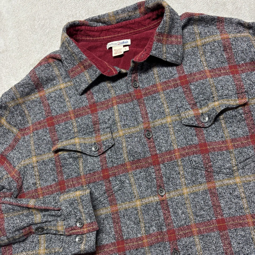 Carbon2Cobalt Shirt Mens L Grey Red Plaid Button-Down Corduroy Trim EUC